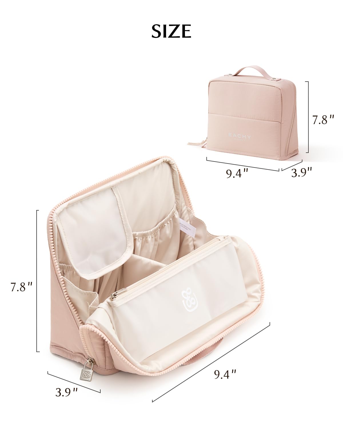 EACHY Standing Makeup Bag - Large Waterproof Cosmetic Bag & Toiletry Bag Organizer with Phone Holder, Detachable Dividers, Wipe-Clean Brush Pouch for Women