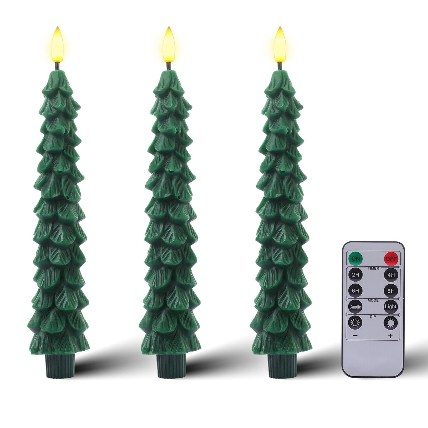 KDVOG 3Pcs Christmas Tree Candles with Remote, Real Wax Flameless Taper Candles,LED Candlesticks Window Candlelights with 3D Flickering Flame for Xmas New Year Home Decorations Gifts 9.7 in