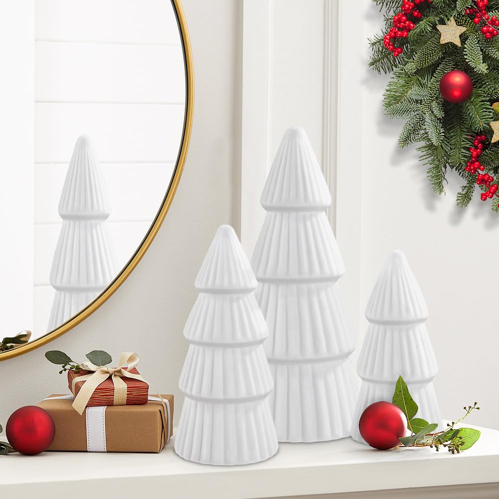 JOICEE 3 Pcs Velvet Ceramic Christmas Trees, Xmas White Modern Velvet Cone Tabletop Trees for Christmas Decorations Indoor Table Mantel Entryway Centerpieces Home Room Decor
