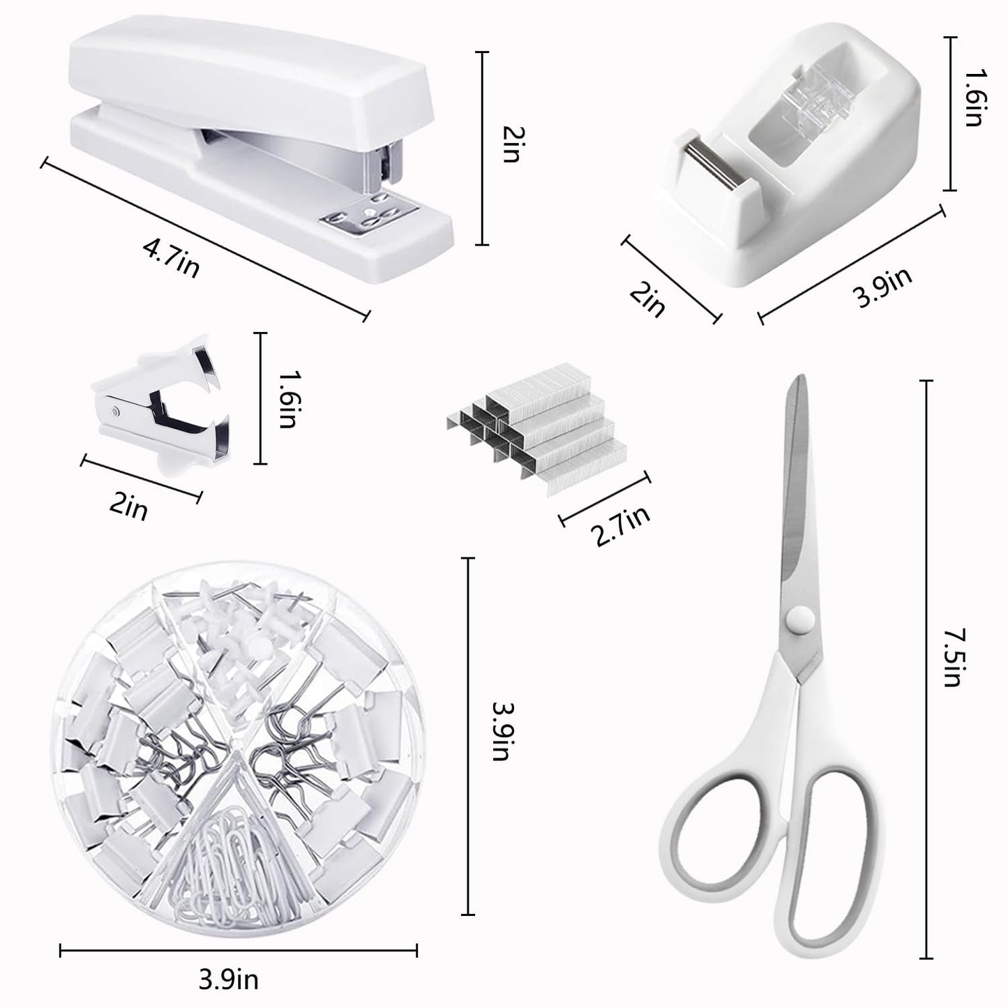 Office Supplies, White Desk Accessories,Desk Organizer,Phone Stand,Scissors,Stapler,Tape Dispenser,Binder clips,Staples,staple remover,Sticky Notes,Index Tabs,Clear Tape,Mini Box Cutter,Cool Pen.16pcs