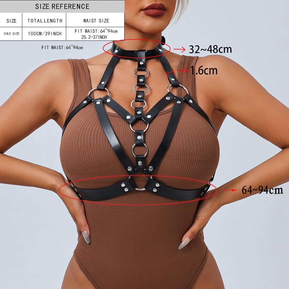 Punk Black Leather Chest Harness Women Fashion Adjustable Strap Body Harnesselt Waist Body Chain Belts,Club Party Caged Bra Harness,Rave Nightclub Belly Bra Jewelry Accessory for Girls