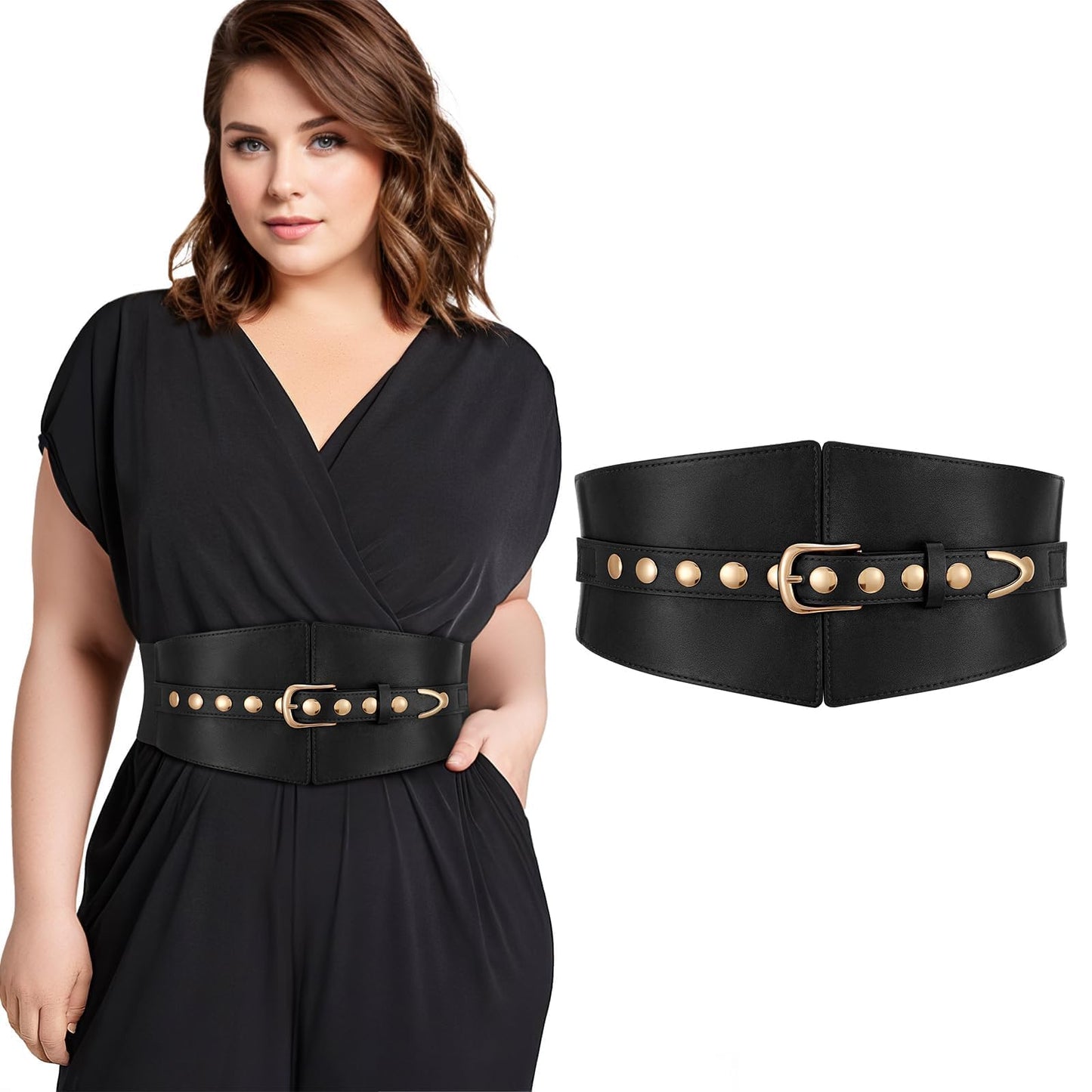 JKEEMI Wide Waist Belt Women Elastic Chunky Stretchy Elegance Belt with Gold Rivets Buckle for Daily Costume