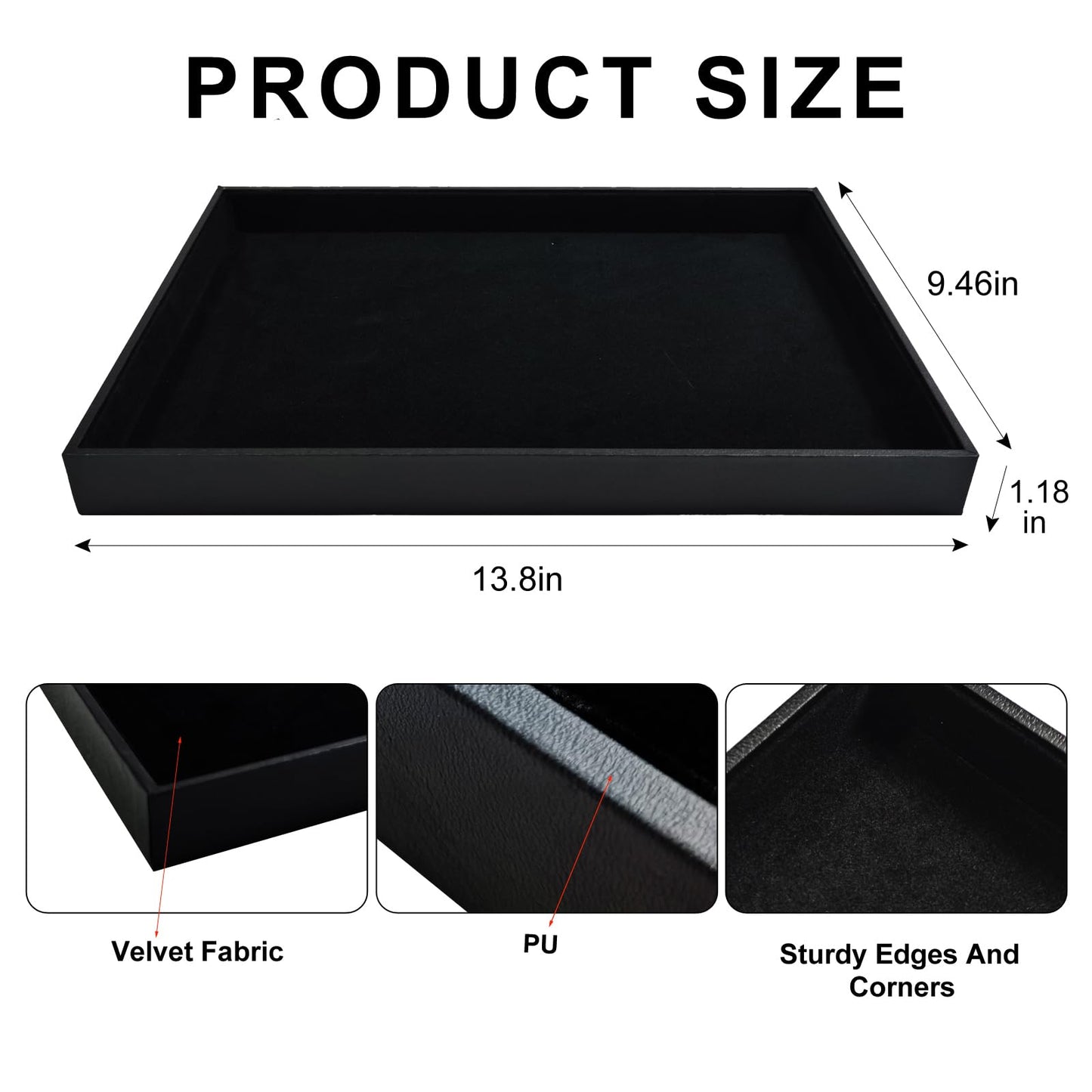 SCIKHEFT Black Velvet Stackable Jewelry Display Tray Storage Organizing Trays Empty Plate (13.78" L x 9.45" W x 1.18" H in) (2)