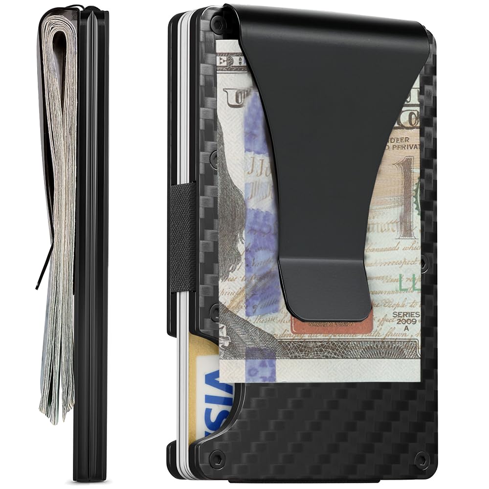 FIRDIKT Carbon Fiber Minimalist Wallet for Men, Slim Metal RFID Blocking Wallet Credit Card Holder Money Clip & Cash Strap, Scratch-Resistant Holds 15 Cards,Ideal Gift for Men | Matt Carbon Fiber