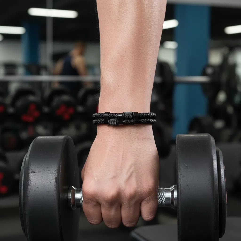 HAVRESSE black genuine leather bracelet for men with adjustable stainless steel magnetic clasp - multi-layer braided rope design - stylish bracelet for men Fits wrist sizes 6.1-7.5 inches.