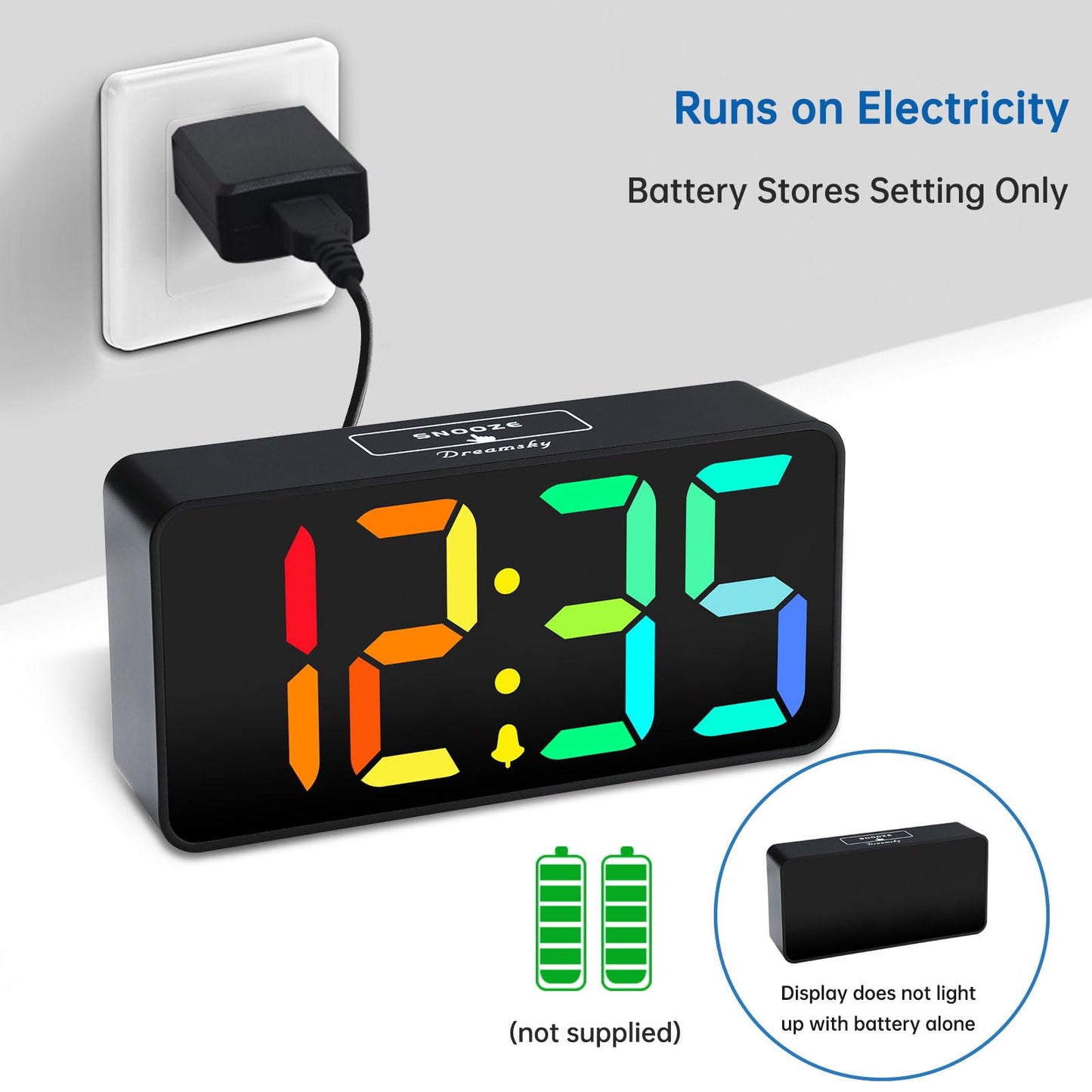 DreamSky Small Digital Alarm Clocks for Bedrooms - RGB Electric Alarm Clock for Kids Bedside Nightstand, Desk Clock with Large Numbers, Dimmer, Adjustable Alarm Volume, USB Port, USB-C Adapter Powered