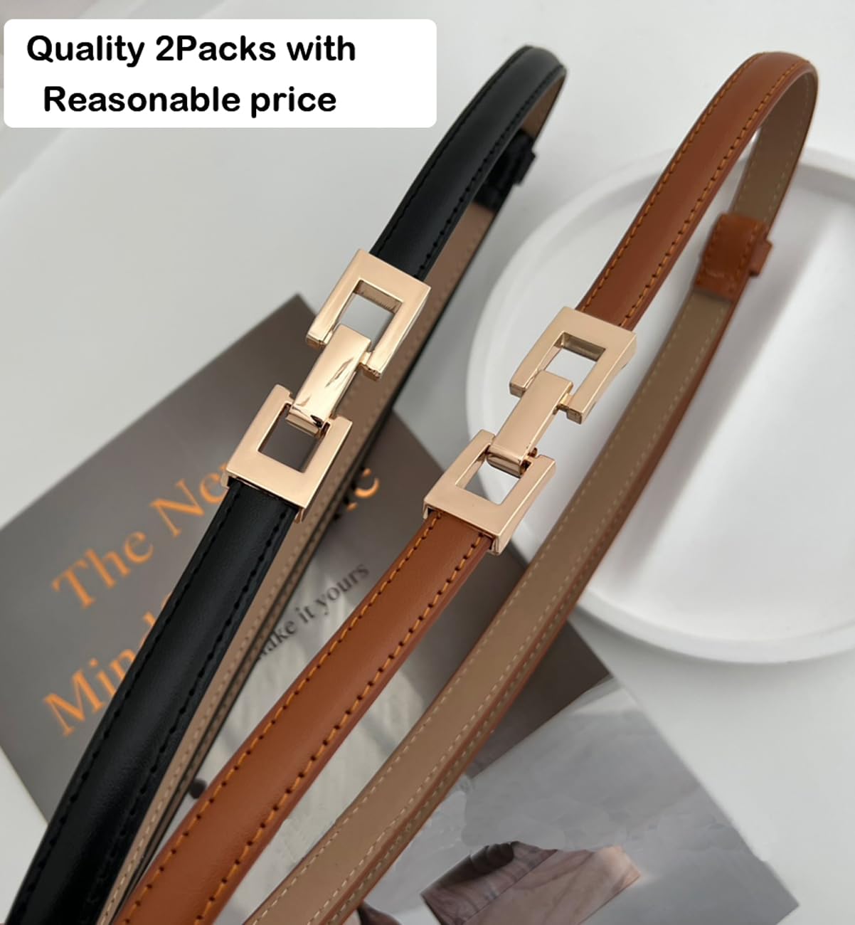 ALAIX 2Pack Skinny Leather Belts for Women Dress Belts Thin Waist Belt with Gold Buckle Adjustable Women's Belt