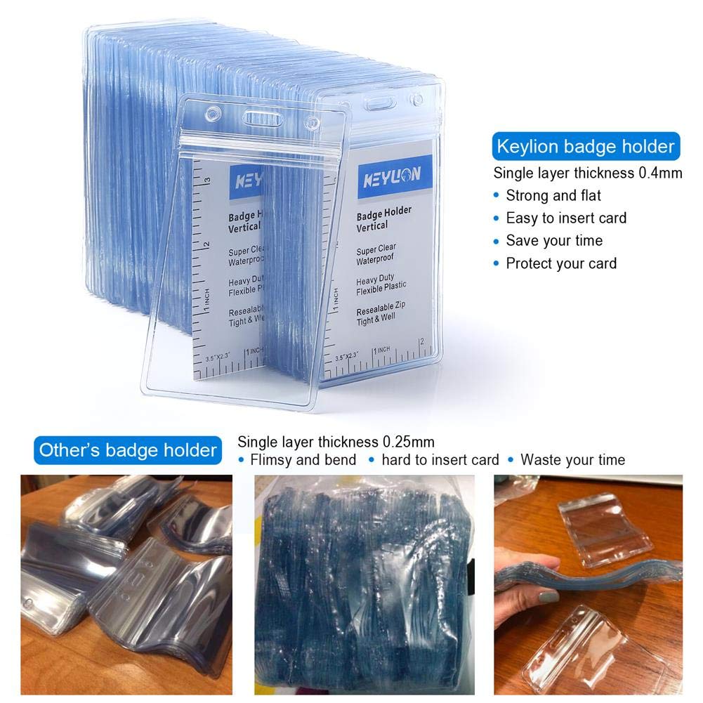 KEYLION 100 Pack ID Card Name Badge Holder, Heavy Duty Clear Transparent Plastic PVC Vertical Sleeve Pouch with Waterproof Type Resealable Zip