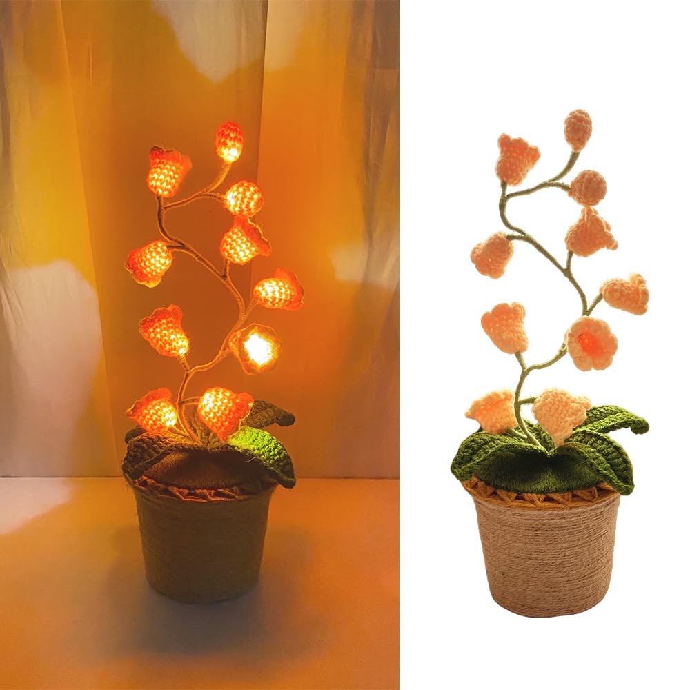 AVEKI Lily of Valley Lamp, Handmade Crochet Artificial Flower Lamp with Warm Light, Cute Desk Lamp for Bedroom, Battery Power Decor LED Night Light, Gift for Mom Daughter Girlfriend (Warm) (Yellow)