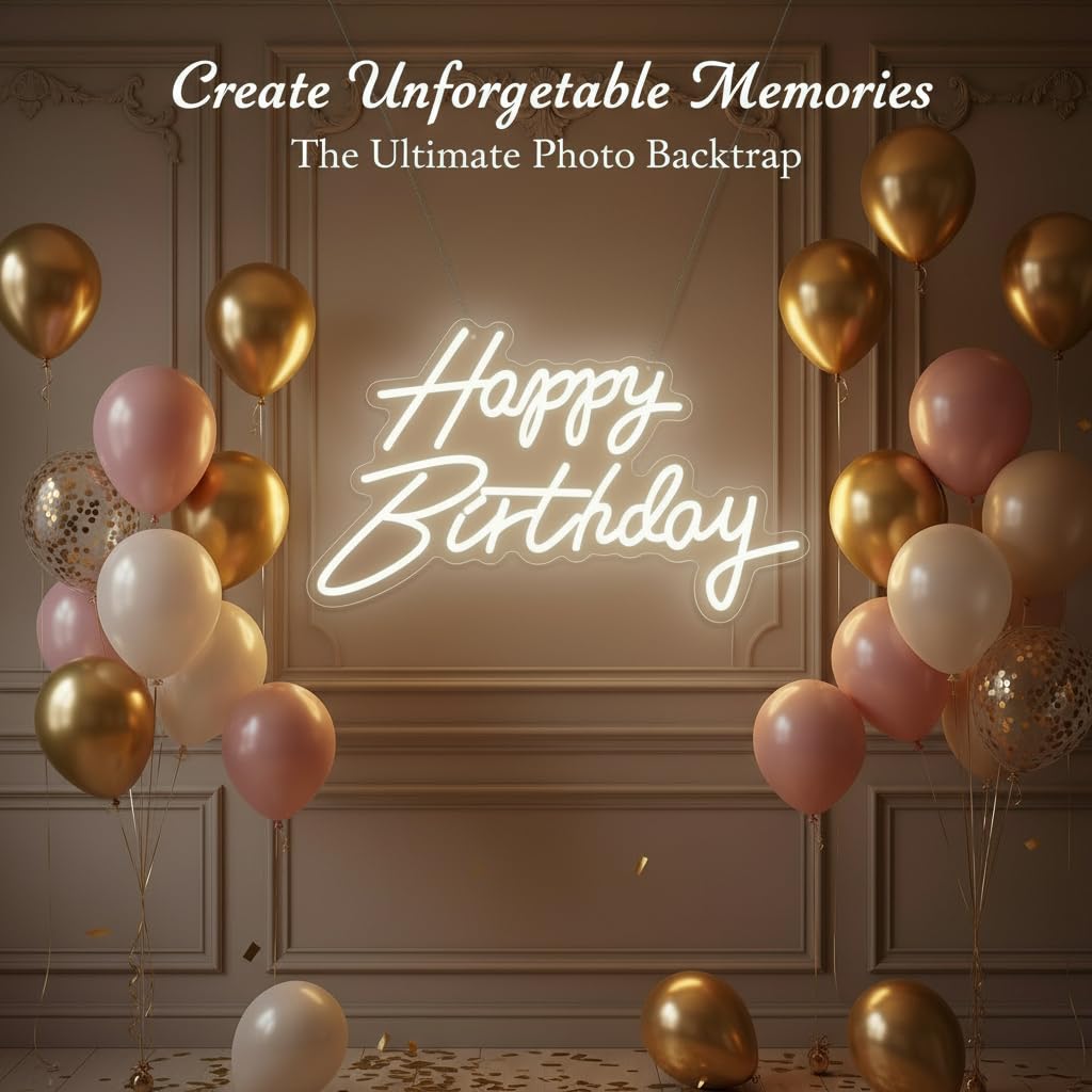 HMT Happy Birthday Neon Sign USB Powered 19.6×11.8 Inch Large LED Light Up Sign for Backdrop & Birthday Party Decor