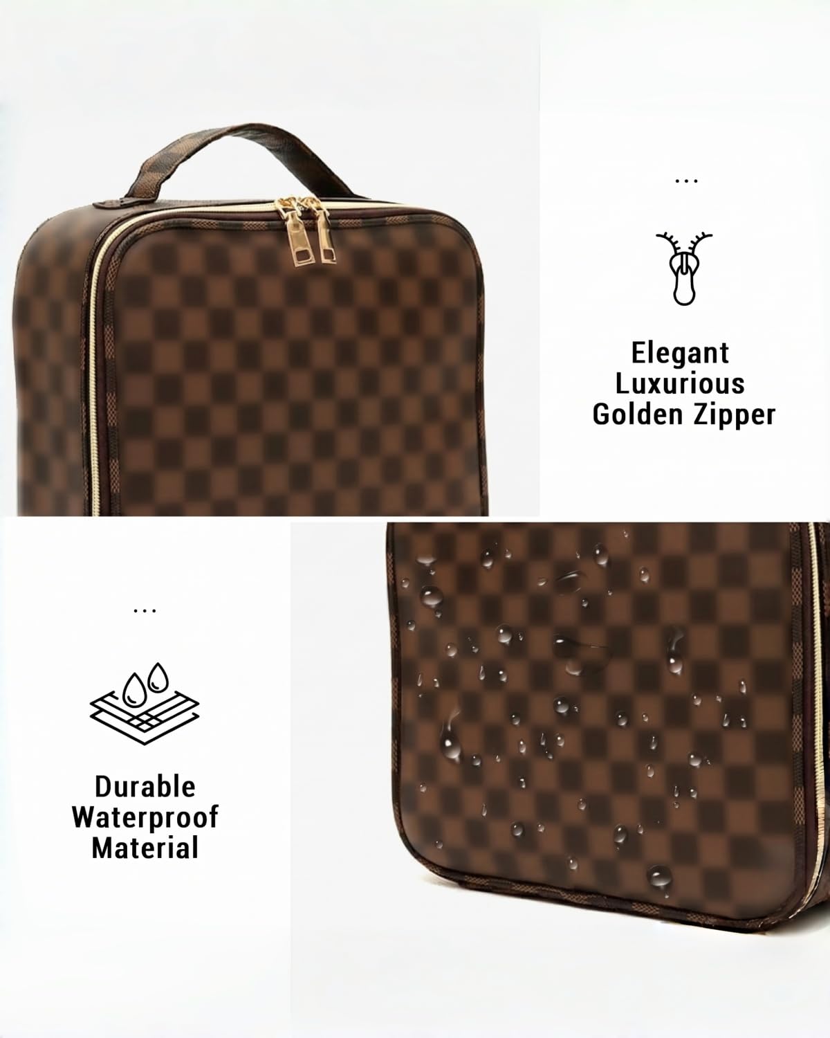 LEAFFUP Checkered Makeup Bag for Women & Men, Large Travel Cosmetic Case Organizer with Adjustable Dividers & Brush Slots, Waterproof PU Leather Toiletry Pouch for Christmas Gif