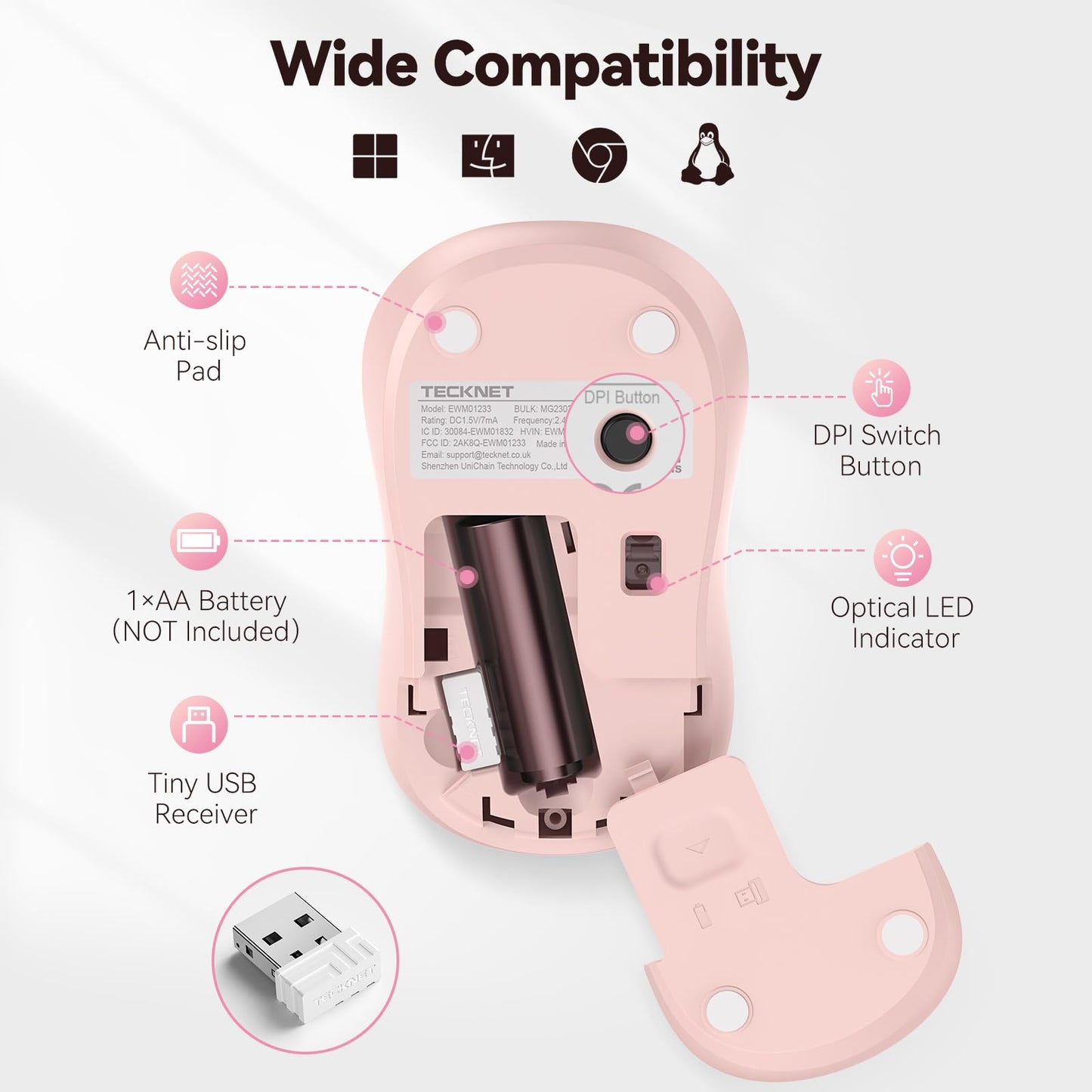 TECKNET Wireless Mouse for Laptop, 2.4G Silent Computer Mouse Quiet Click with 5 DPI Levels,Contoured Grip,Small Portable 30 Months Battery Cordless Mice for PC, Chromebook, Mac - Pink