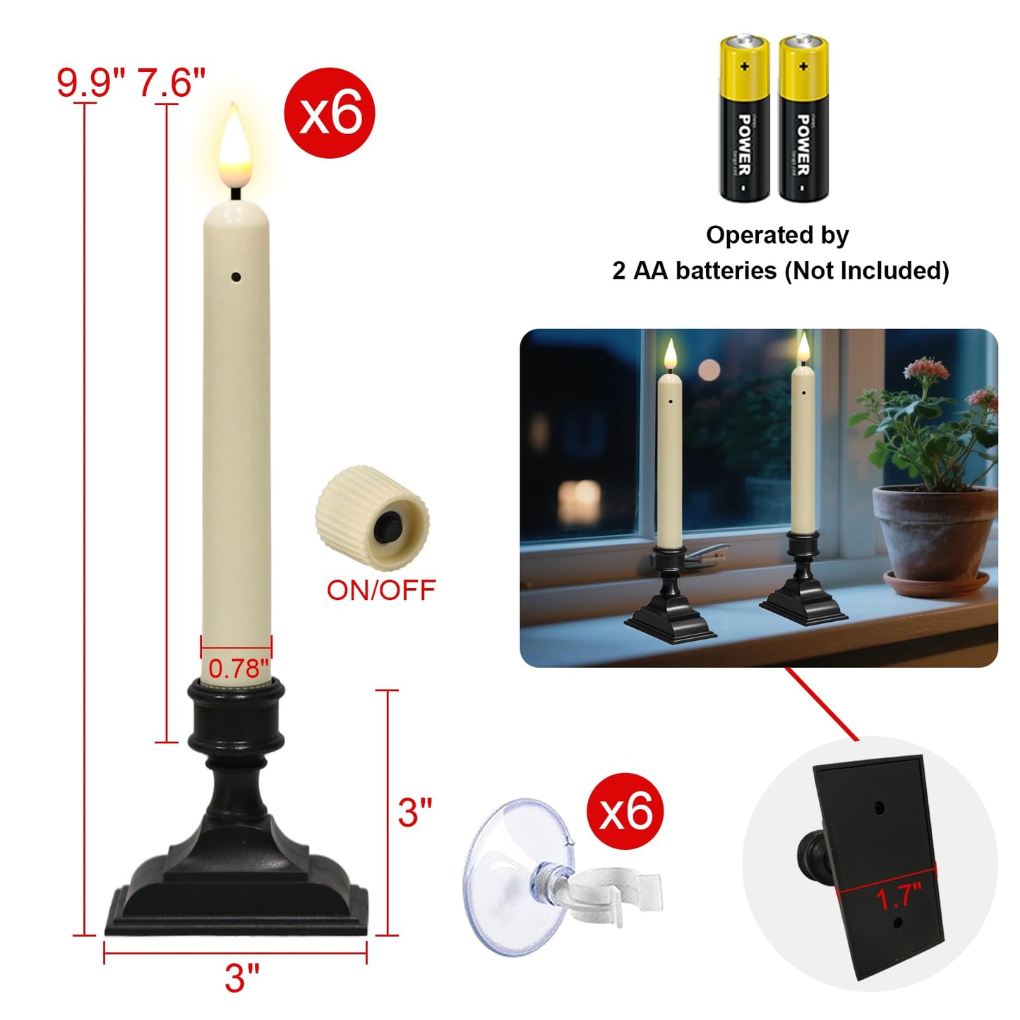 KunSwenn Window Candles with Sensor Dusk to Dawn, Christmas Battery Operated Window Candles with Black Holder and Suction Cup, LED Flameless Taper Candlesticks for Home Decorations (Ivory, Set of 6)