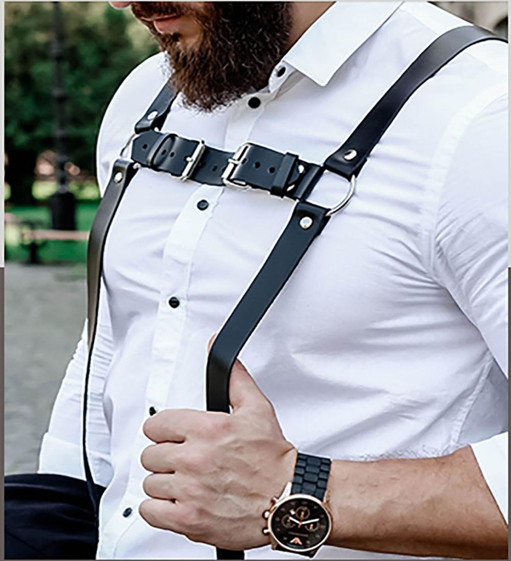 Mens Black Leather Armors Suspenders Shoulder Strap Body Chest Harness Chain Belt Adjustable Gay Punk Clubwear Costume
