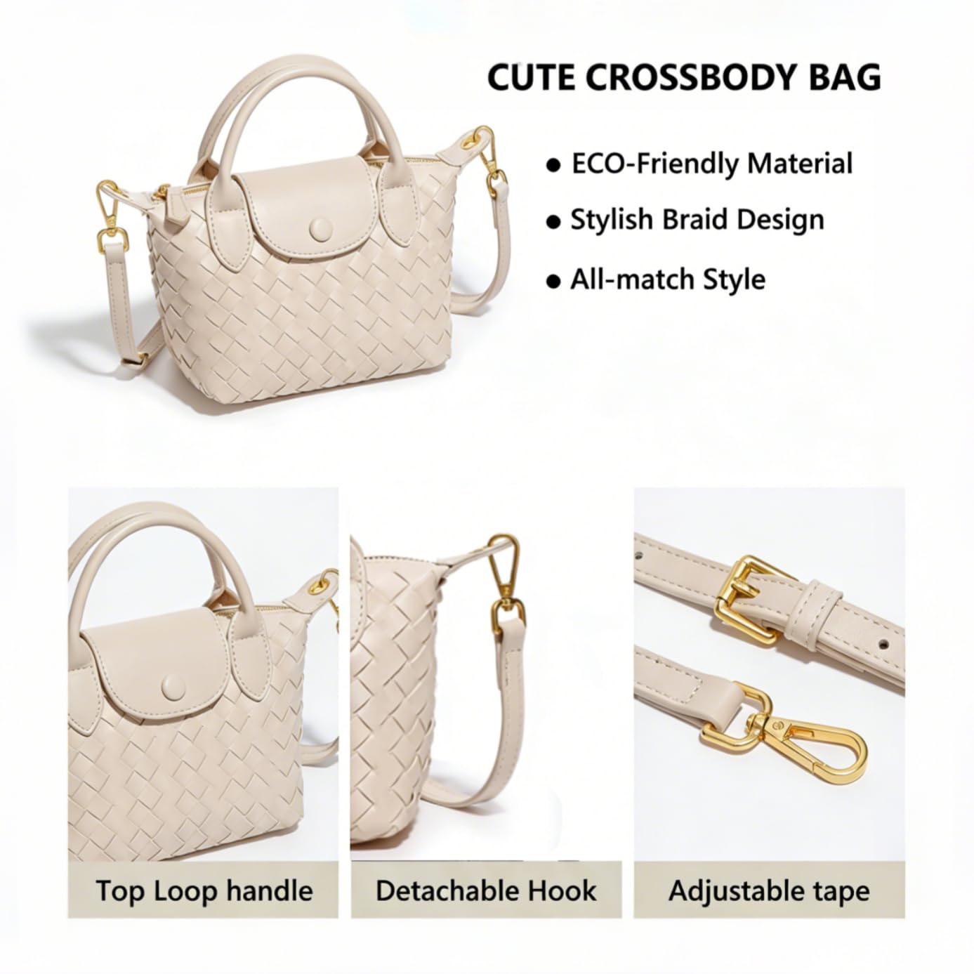 Small Vegan Leather Crossbody Bags For Women, Mini Woven Dumpling Handbag, Cute Top Handle Shoulder Purse For Travel Dating (Off White)