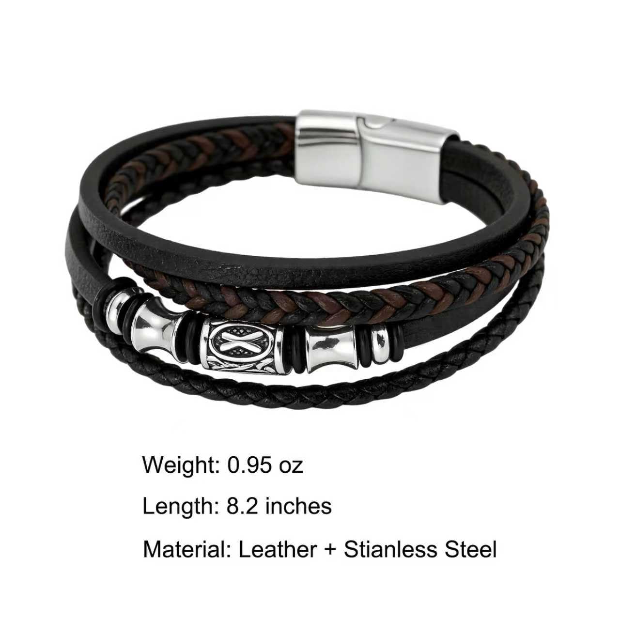 Kim Carrey Italian Handmade Genuine Leather Bracelets for Men Stainless Steel Clip, Men's Casual Genuine Multi-layer Cuff Bracelet, Bracelet Gift for Real Men (8.2“)