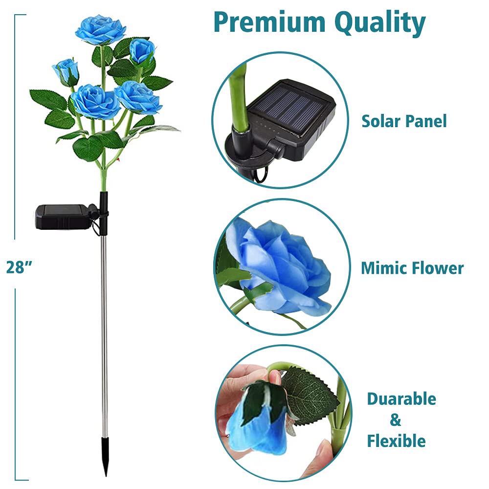 Solar Garden Stake Lights, Rose Flowers Lights LED Solar Stake Lights with 5 Roses Waterproof for Garden, Yard, Christmas Pathway, Grave Decor