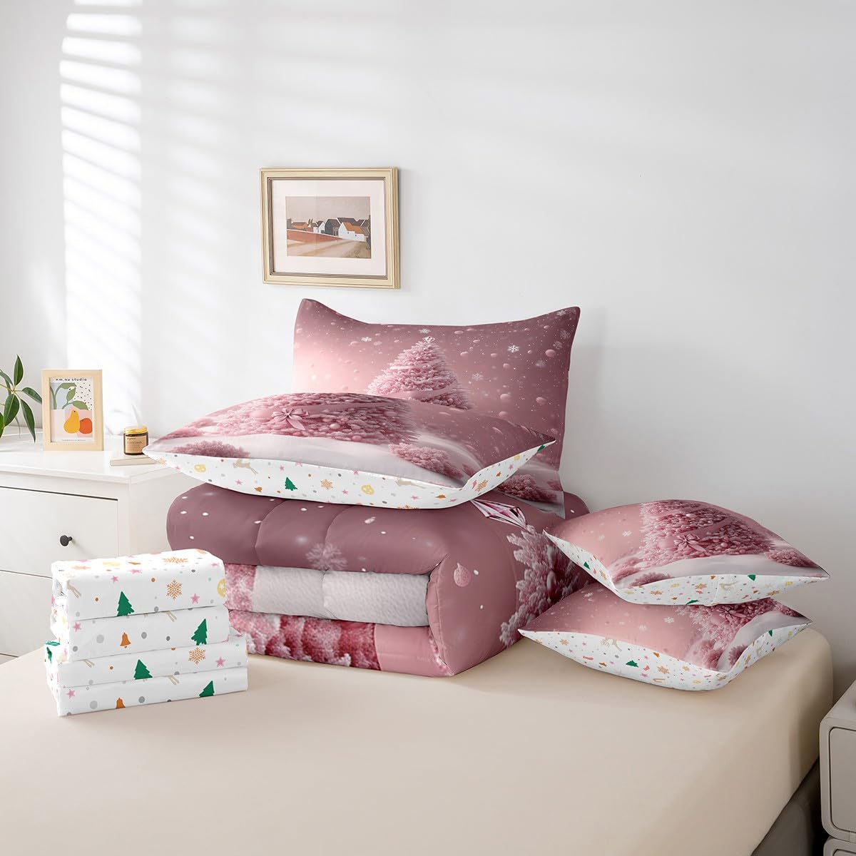 Manfei Pink Xmas Tree 7 Pieces Comforter Set Full,Kawaii Bowknot Snowflake Bedding Set for Bedroom Decor,Merry Christmas(Comforter+Fitted+Flat Sheet+2 Pillowcases+2 Throw Pillow Covers)