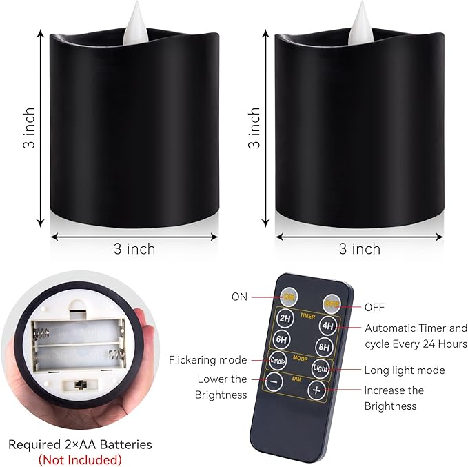 Black Flameless LED Candles, Black Battery Operated Candles with Remote Timer, 3"x3" Real Wax 2-Pack, 3D Flickering Flame Last 600+ Hours, Ideal for Halloween Christmas Gothic Home Decor