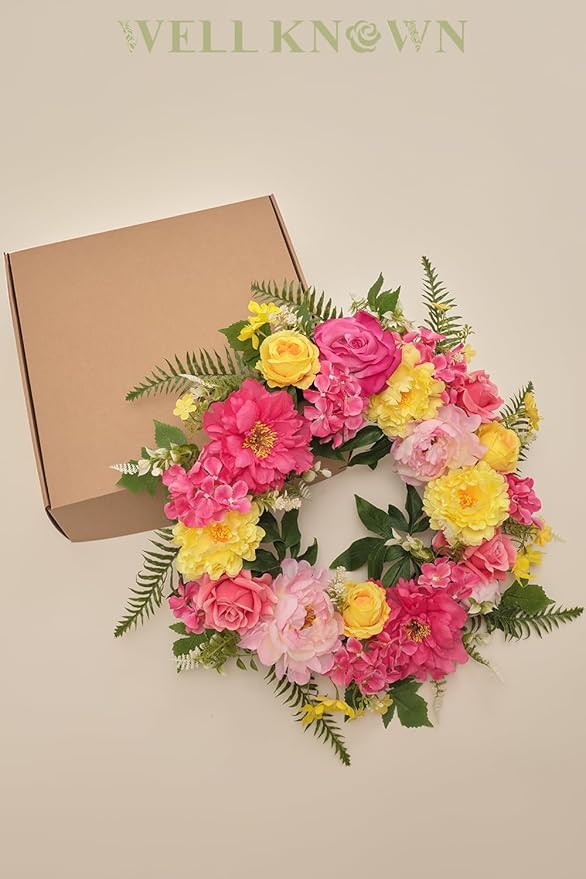 Wreaths for Front Door, WELL KNOWN Spring Summer Seasonal Hot Pink & Yellow Flowers Wreath for Front Door, Artificial Silk Peony Flower Wreath for Wall Hanging, Home Office Wedding Party Decor