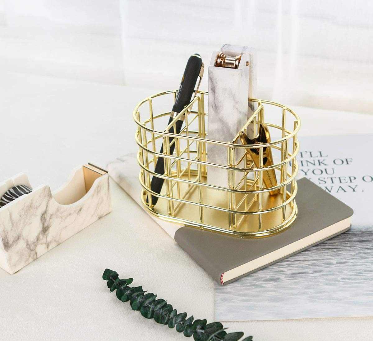 Nugorise Pen Holder, 3 Compartment Metal Pencil Holder Stationery Organizer, Decorative Desktop Storage Holder for Office Supplies, Gold