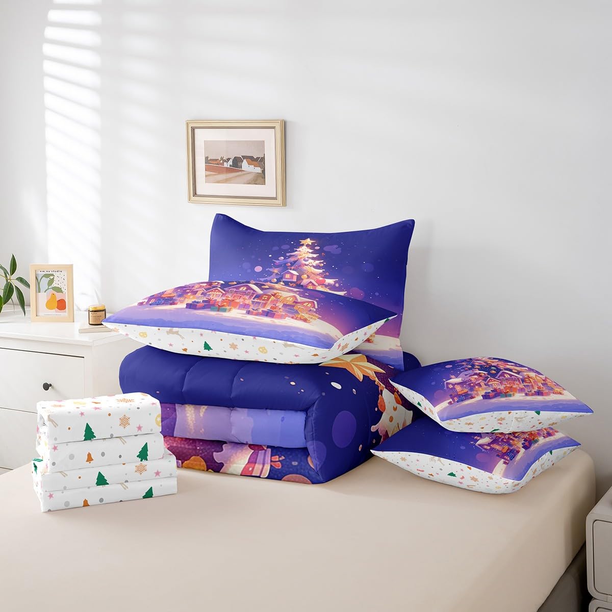 Manfei Merry Christmas 7 Pieces Comforter Set Full,Rustic Cabins Xmas Tree Gift Bedding Set for Bedroom Decor,Snow Winter Outdoor(Comforter+Fitted+Flat Sheet+2 Pillowcases+2 Throw Pillow Covers)
