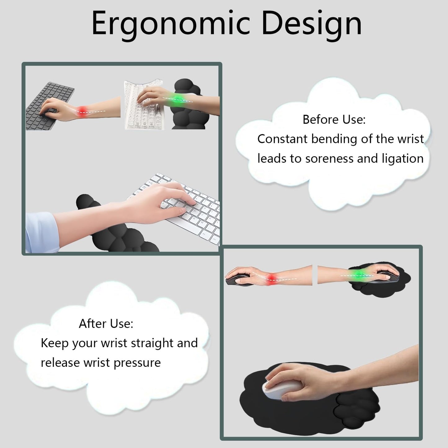 Cloud Wrist Rest Keyboard Ergonomic Wrist Pad for Keyboard and Mouse Coaster Cloud Mouse Pad Set Leather PU Non-Slip Wrist Rest Support for Computer Laptop Gaming Mac Home Office Relief Pain Black