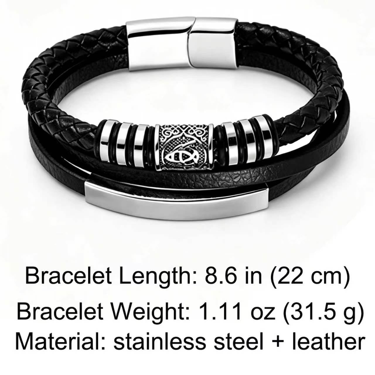 Kim Carrey Italian Handmade Genuine Leather Bracelets for Men Stainless Steel Clip, Men's Casual Genuine Multi-layer Cuff Bracelet, Bracelet Gift for Real Men (8.6" Viking)