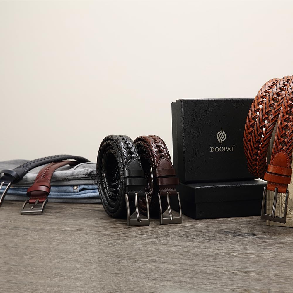 DOOPAI Men's Braided Leather Dress Belt - Comfort Fit, Adjustable Strap, Fashion Hand Woven - Brown Belt for Casual Dress Golf Jeans
