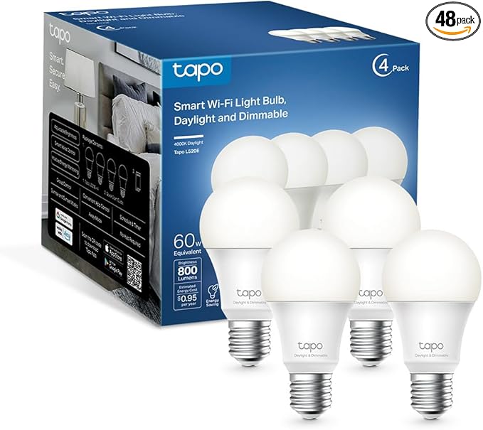Tapo TP-Link Smart Light Bulbs - Natural Daylight, Dimmable, Compatible w/Alexa and Google Home, A60 Bulb/E27 Base, 60W Equivalent, 800LM CRI>90, 2.4GHz WiFi Only, No Hub Required, L520E (Pack of 48)
