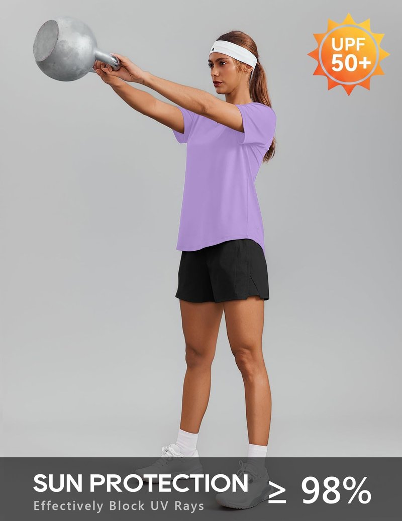 PINSPARK Hiking Shirts for Women UPF 50 Sun Protection Short Sleeve V Neck Moisture Wicking Quick Dry Outdoor Athletic Tops,Lavender X-Large
