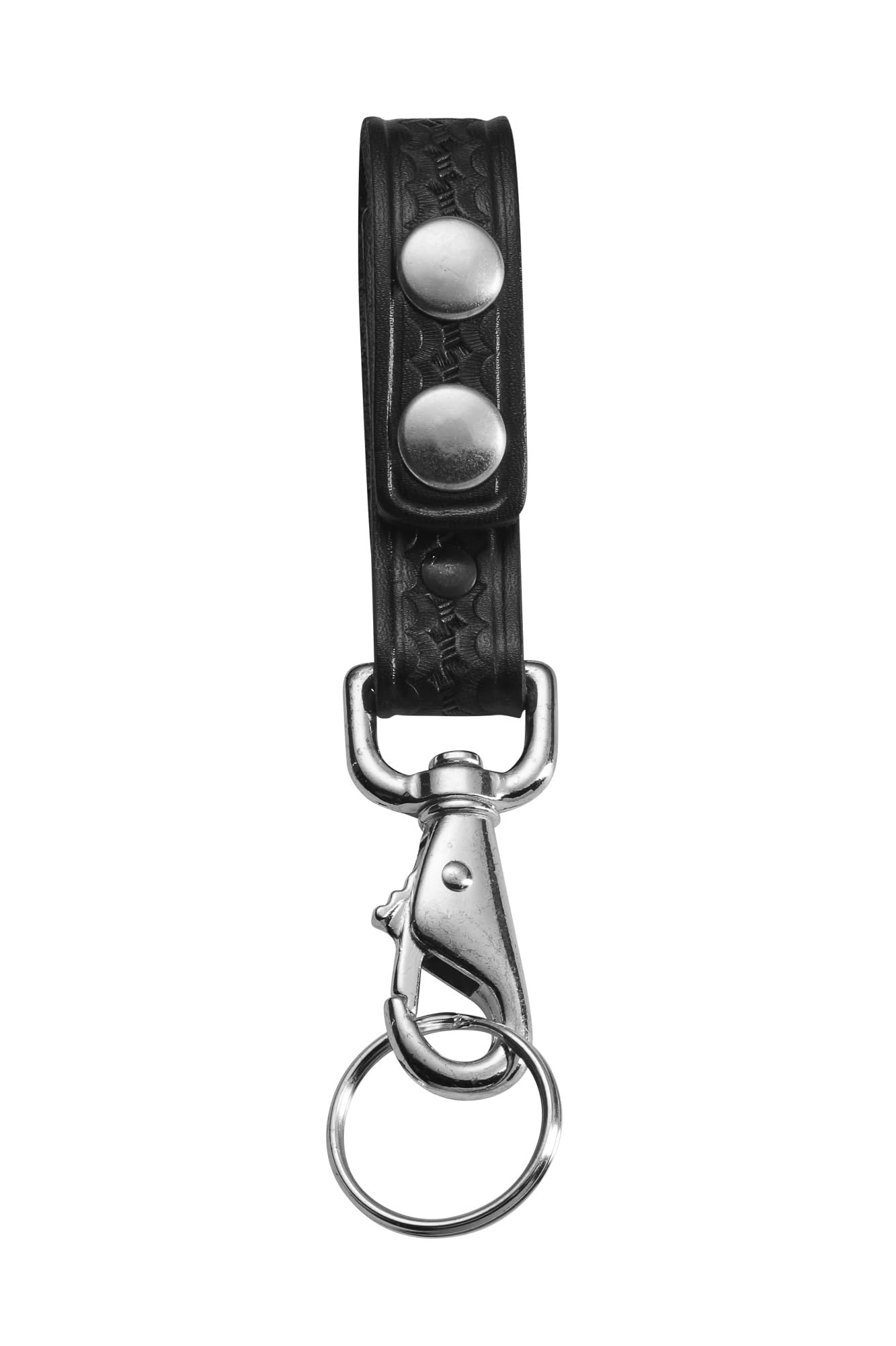 JAY-PEE Leather Basketweave Key Strap Keeper for Duty Belt - Key Ring Holder With Double Snap Loop Keychain Lanyard and Chrome Hardware
