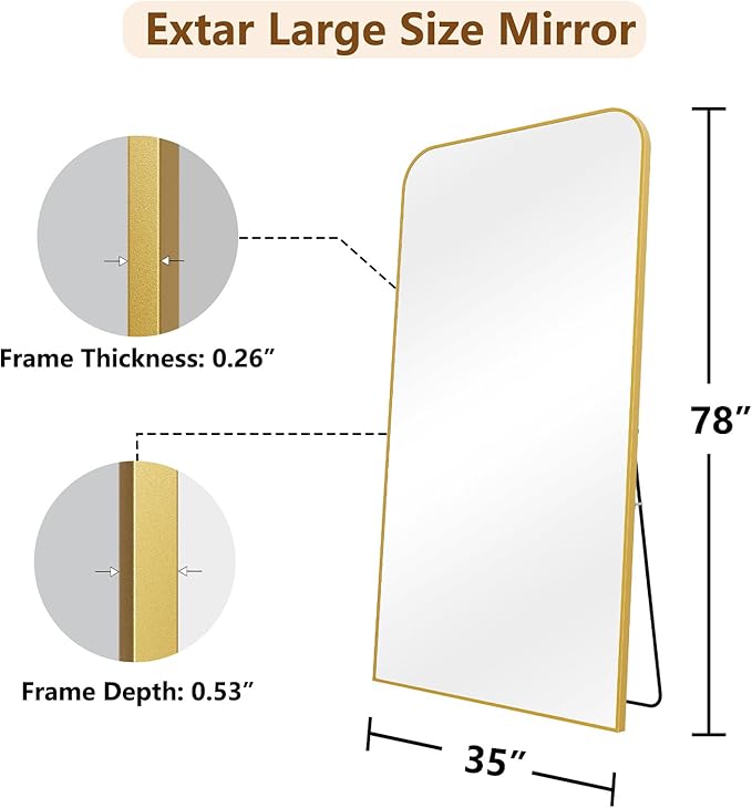 Koonmi Full Length Mirror, 78"x35" Mirror Full Length with Stand, Gold Domed Top Square-Edged Floor Mirror with Aluminum Alloy Frame for Bedroom Living Room