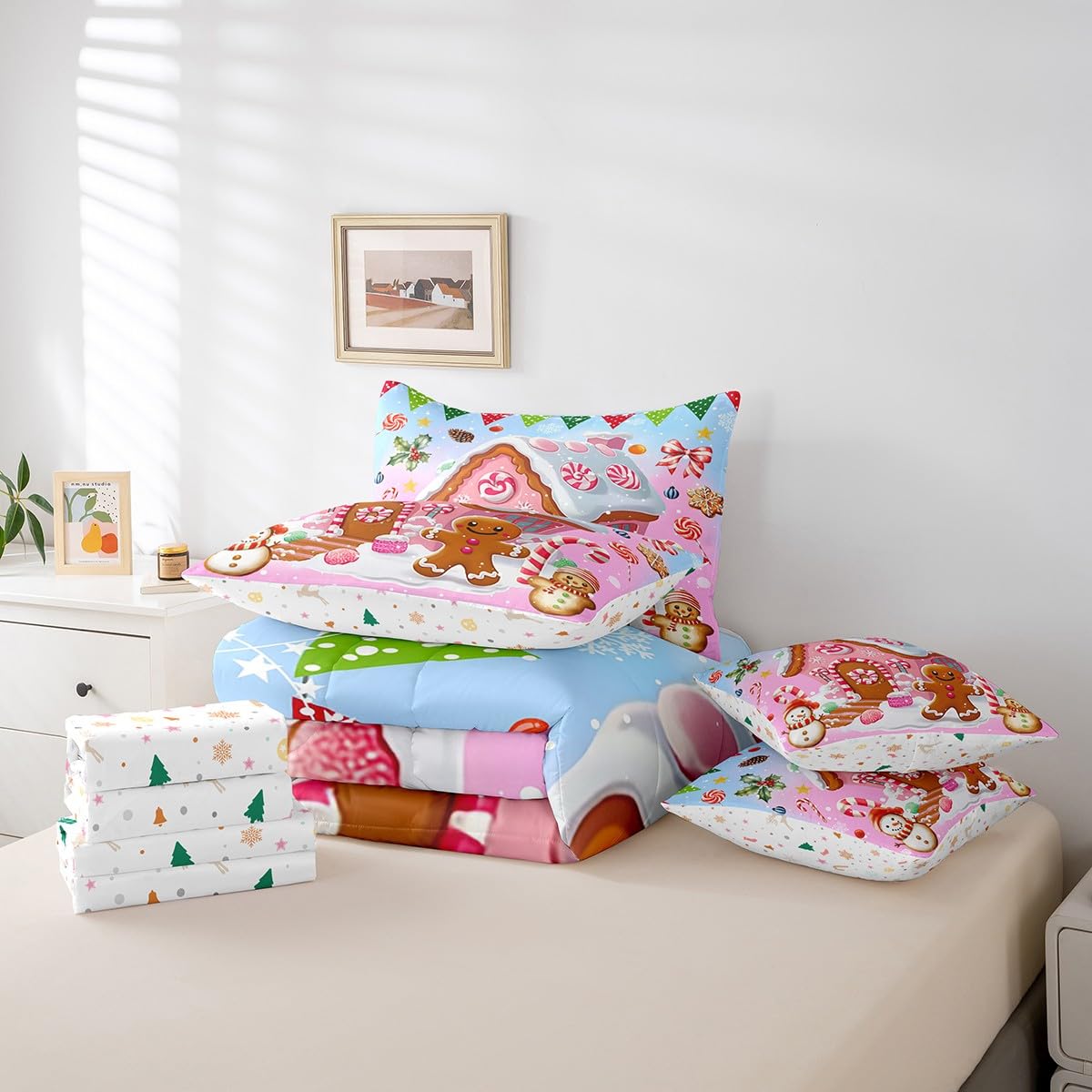 Xmas Gingerbread Man Twin Comforter Set with Sheets Bed in a Bag 7 Pcs,Winter Candy House Watercolor Bed Set,Snowman Winter Bedding Sets with Comforter,Flat,Fitted Sheet,Pillowcases,Pillow Covers
