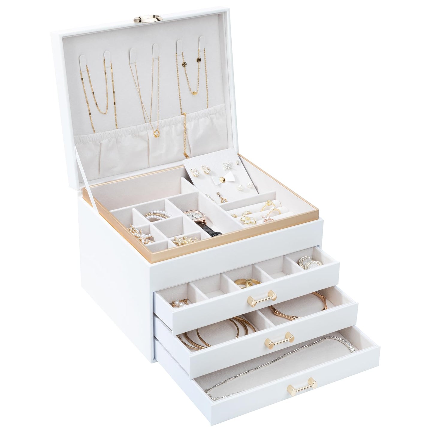 V-LAFUYLIFE Jewelry Box for Women,4-Layer Leather Jewelry Holder Organizer with 3 Drawers Large Jewelry Storage Boxes, Lots of Storage Space For Ring,Necklace,Bracelets,Earring(White)