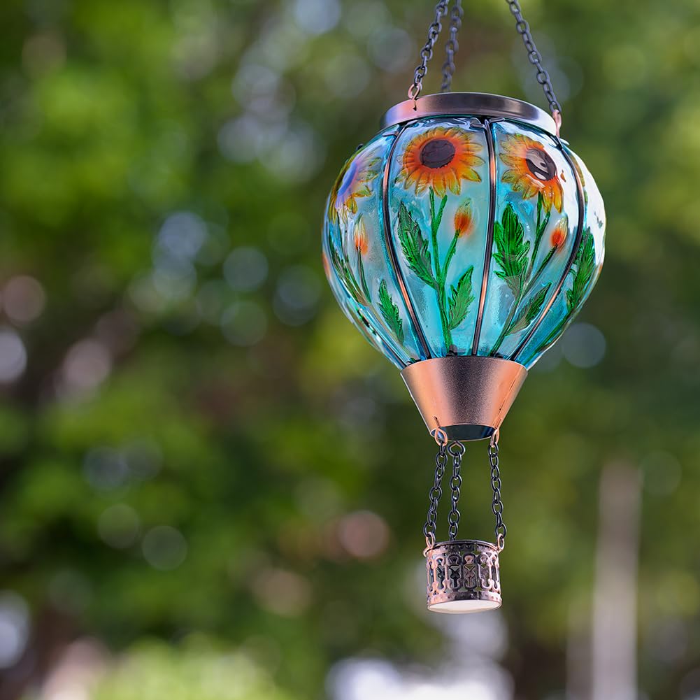 Starsoul Sunflower Hot Air Balloon Solar Lantern Glass Outdoor Hot Air Balloon Solar Flickering Flame Light Hanging Solar Lanterns Outdoor Waterproof Garden Patio Yard Party Decor