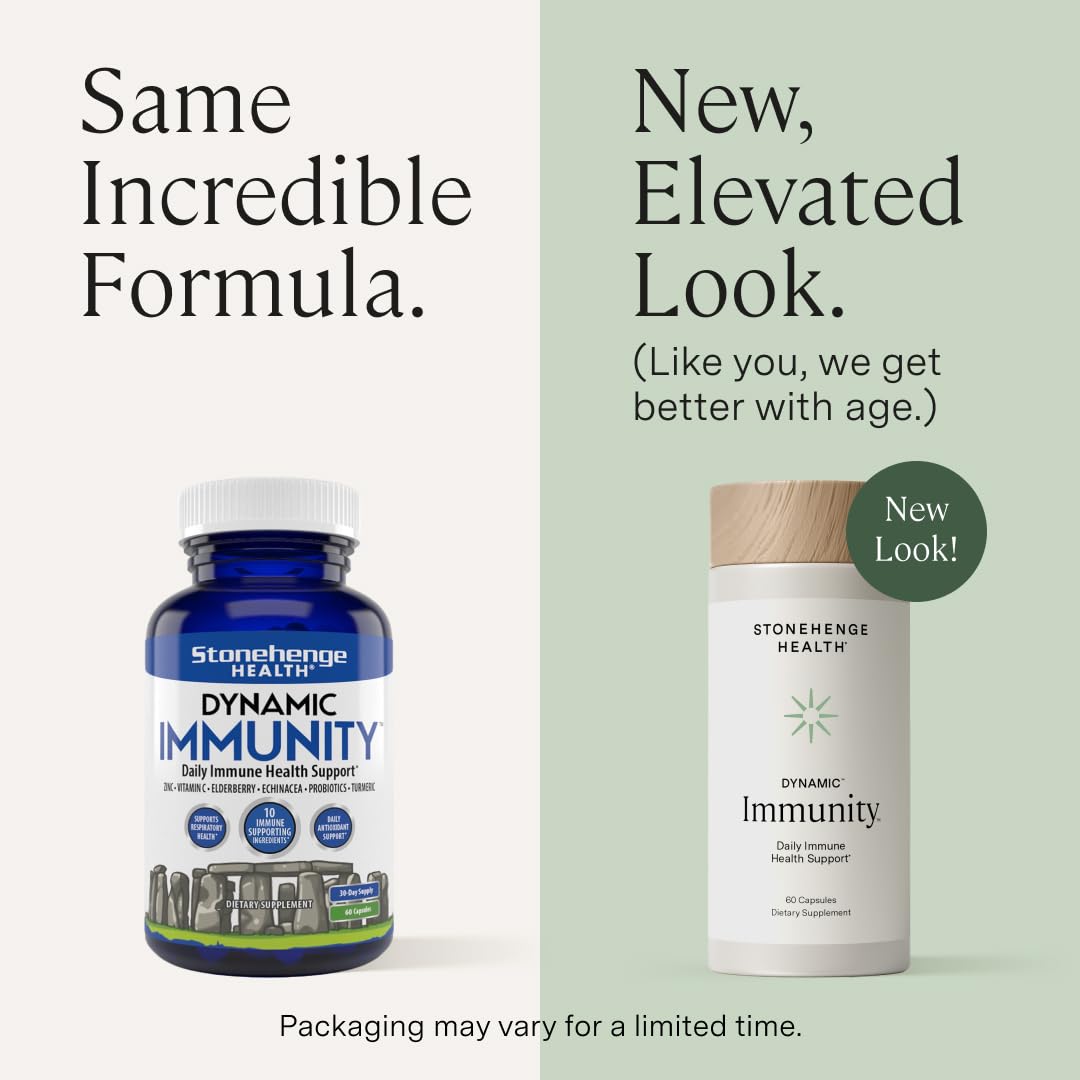 Stonehenge Health Dynamic Immunity Daily Supplement 10-in-1 Immune Boosters Zinc, Elderberry, Echinacea, Vitamin C & Probiotic L. Acidophilus ā Supports Immune System & Respiratory Health, 60 Capsules