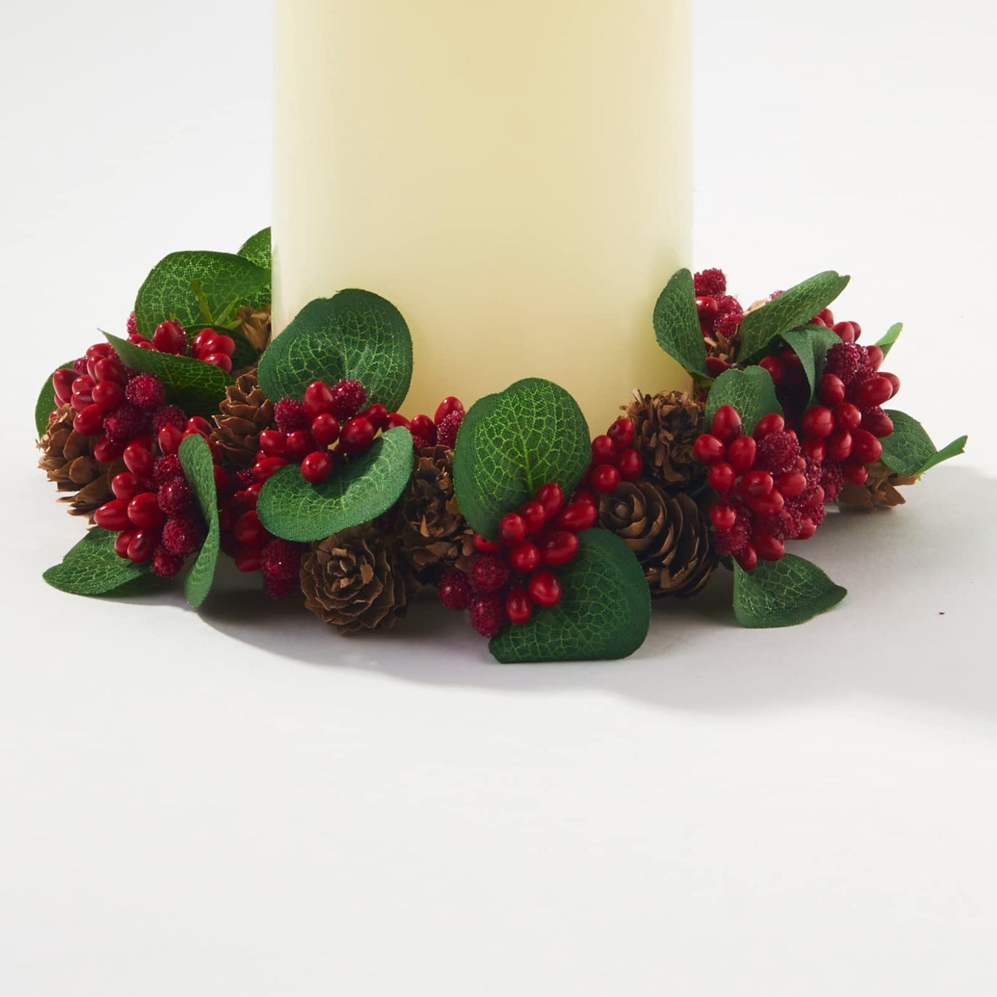 LampLust Winter Candle Rings, Set of 3 Mini Wreaths With Pine Cones & Red Berries, Fit 3 Inch Pillar Candles, Table Decor, Farmhouse Mantel Decor