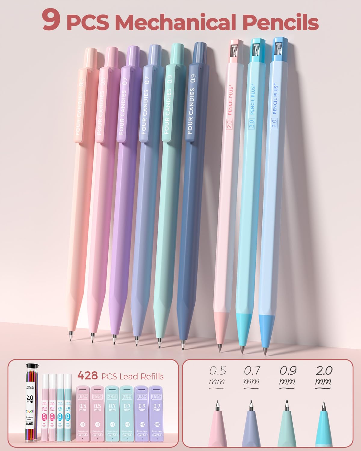 Four Candies 56 PCS Aesthetic School Supplies with Cute Pencil Case, 6 Multicolor Pen, 12 Pastel Highlighters, 5 Gel Pens Black Ink, 9 Mechanical Pencils for Student Stationary Set Preppy Stuff (Pink)