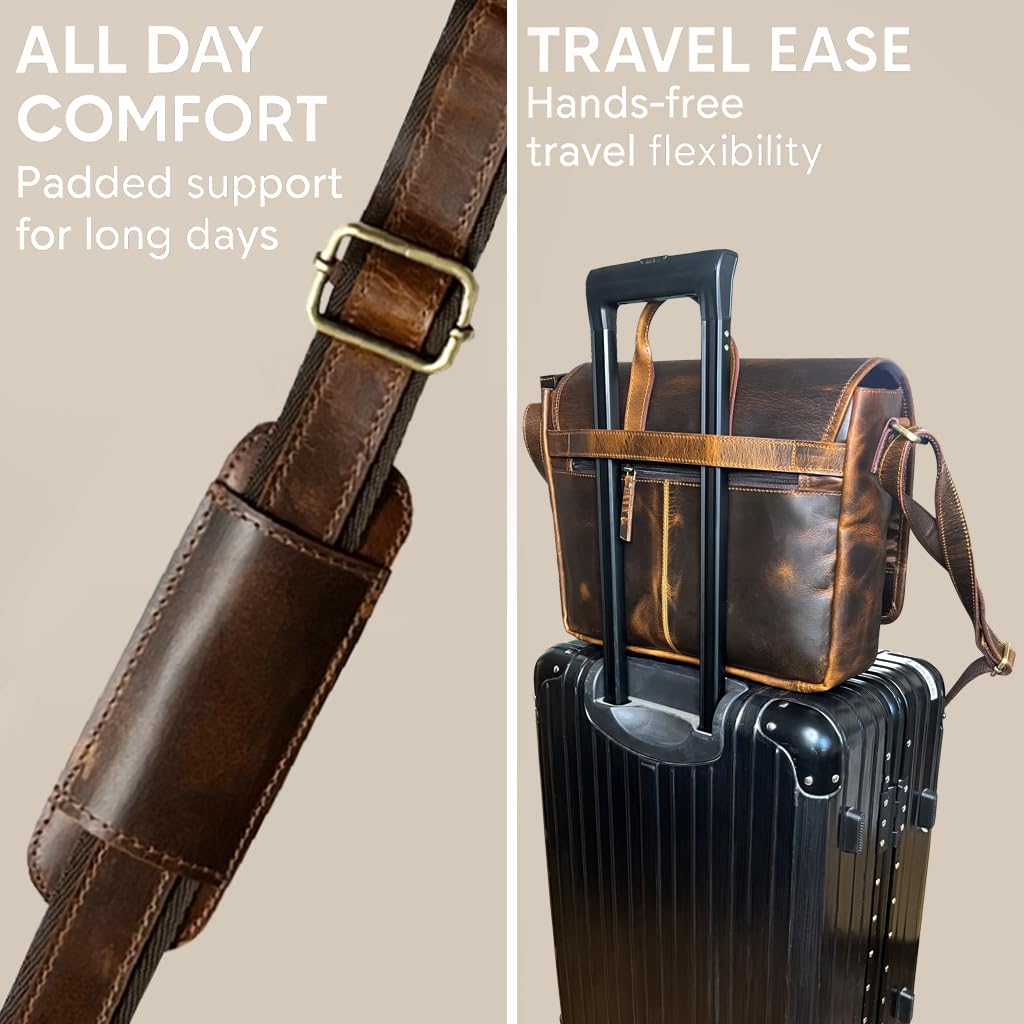 Leather Messenger Bag for Men 14" Leather Laptop Bag Vintage Crossbody Office Satchel Travel Shoulder Bag, Brown