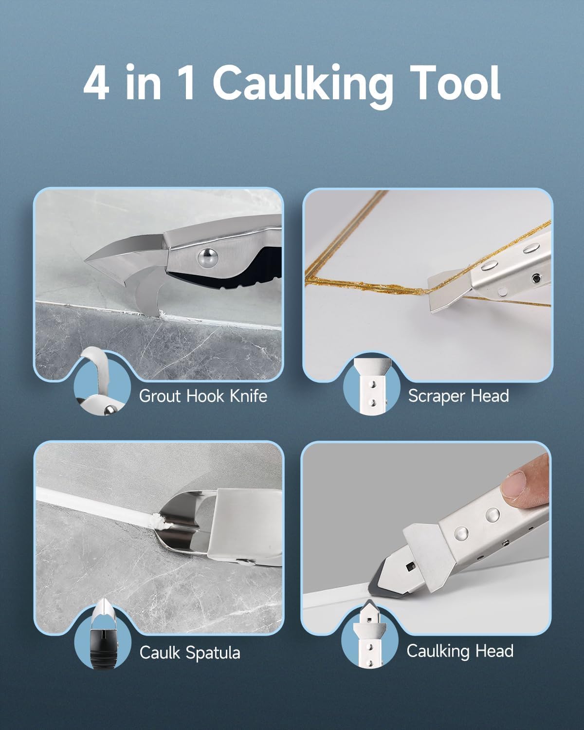 EVOHONOUR Silicone Caulking Tool Kit, Stainless Steel Caulk Remover Tool, 4 in 1 Grout Removal Tool with Comfortable Grip