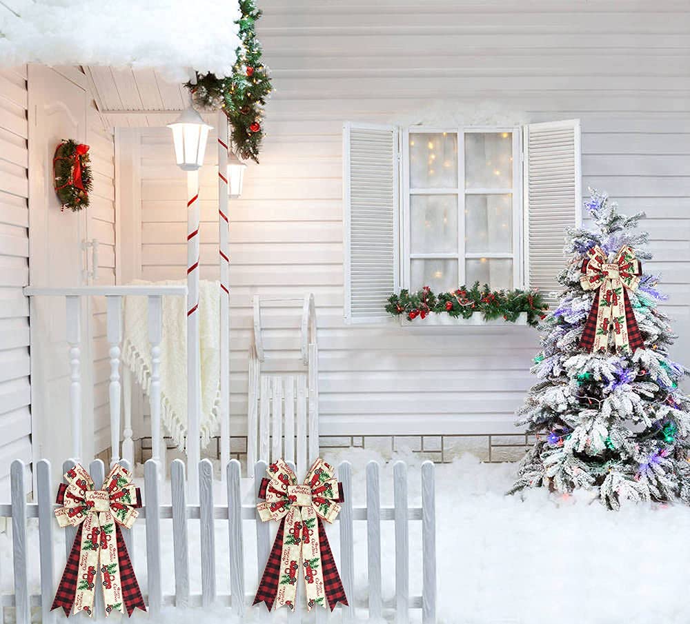 Large Christmas Bow for Wreath, Red Black Buffalo Plaid Bows for Front Door Wall Fence Decor, Tree Truck Snowflake Christmas Wreath Bow Tree Topper Bow for Winter Christmas Party Decoration Supplies