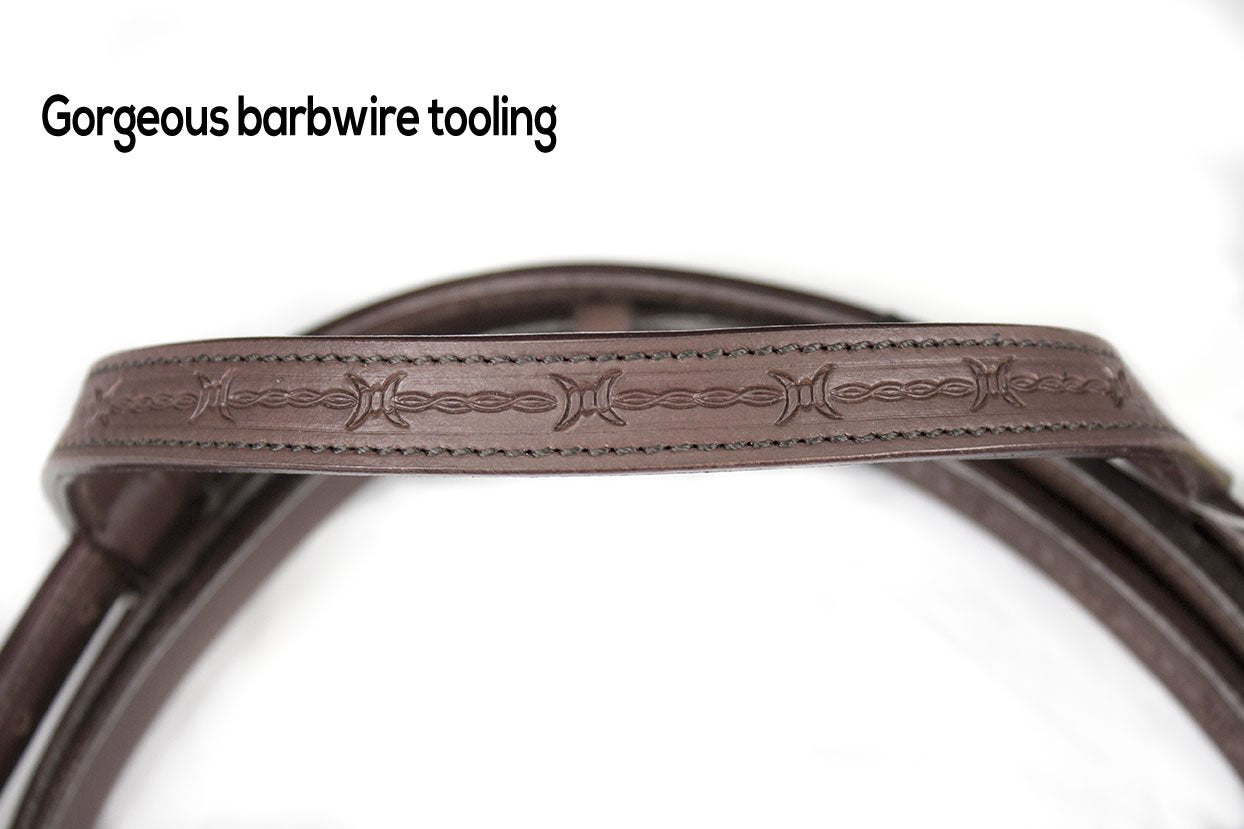 Tahoe Tack Barbwire Leather Western Hand Tooled Browband Headstall with Matching Split Reins