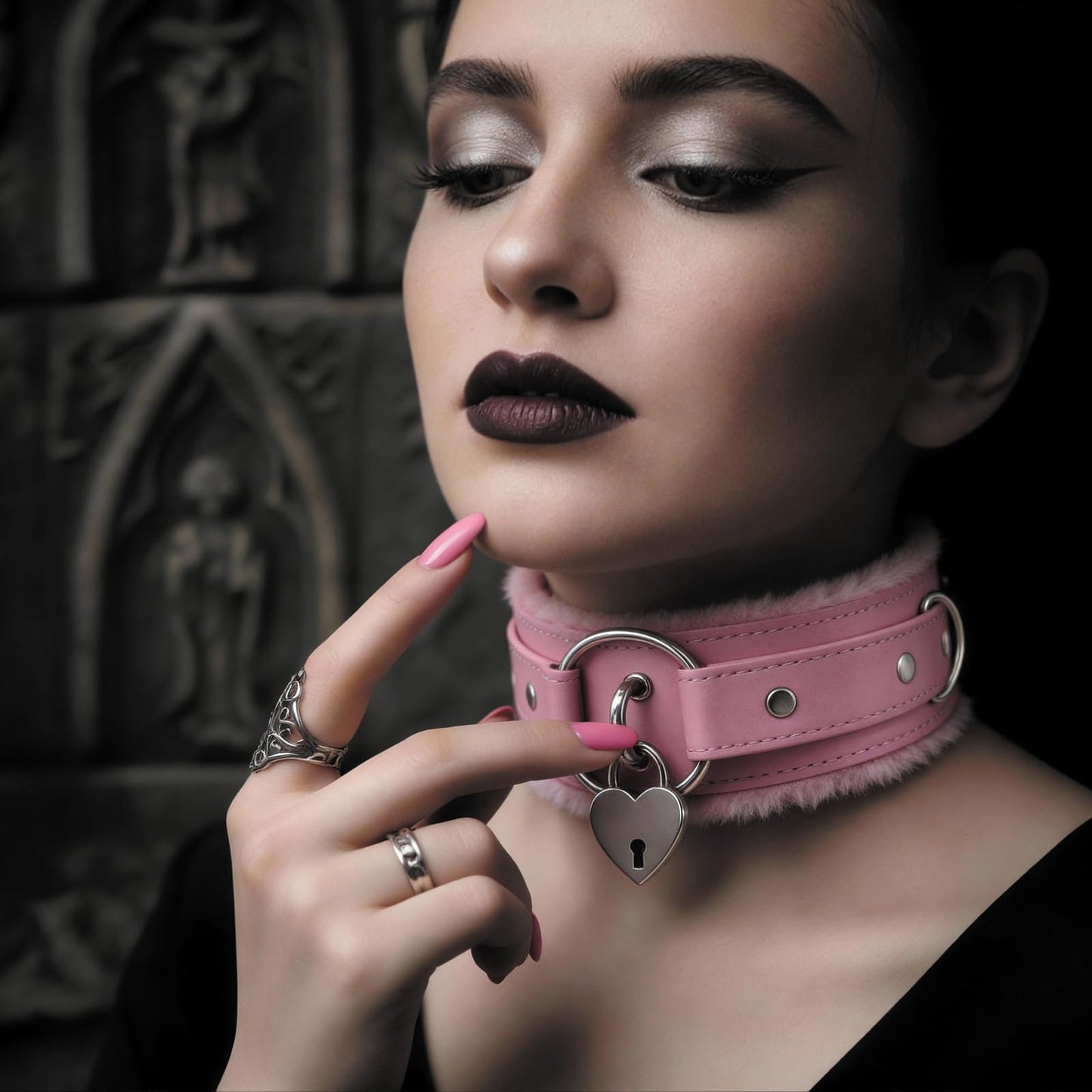Kiheony Punk gothic Leather choker collar for women, collar with Heart Lock Adjustable Gothic choker (Heart Lock, Pink)