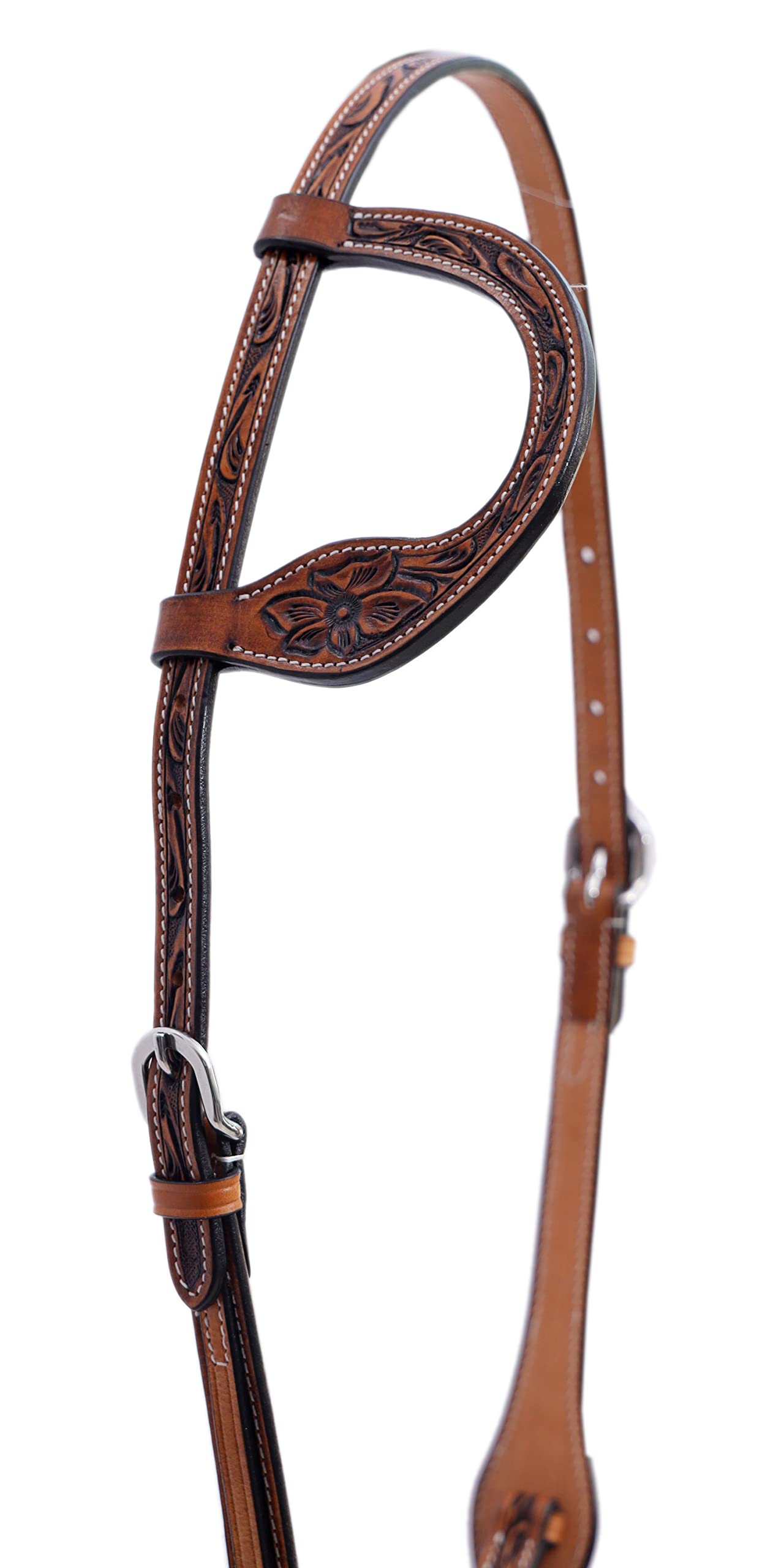 Majestic Ally Horse Headstall, Natural, Super Leather, Antique, Tooling, Quick Bit Change Western Headstall (Single Ear, Full)