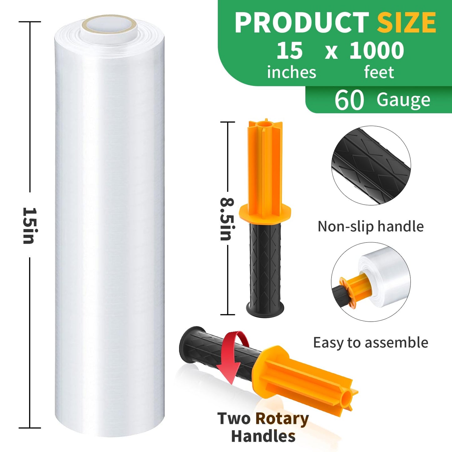 Stretch Film, HERKKA Stretch Wrap with Handles Industrial Strength, Moving Wrapping Plastic Roll, Shrink Wrap for Pallet Wrap, 15" x 1000 Feet, 2 Pack, 60 Gauge