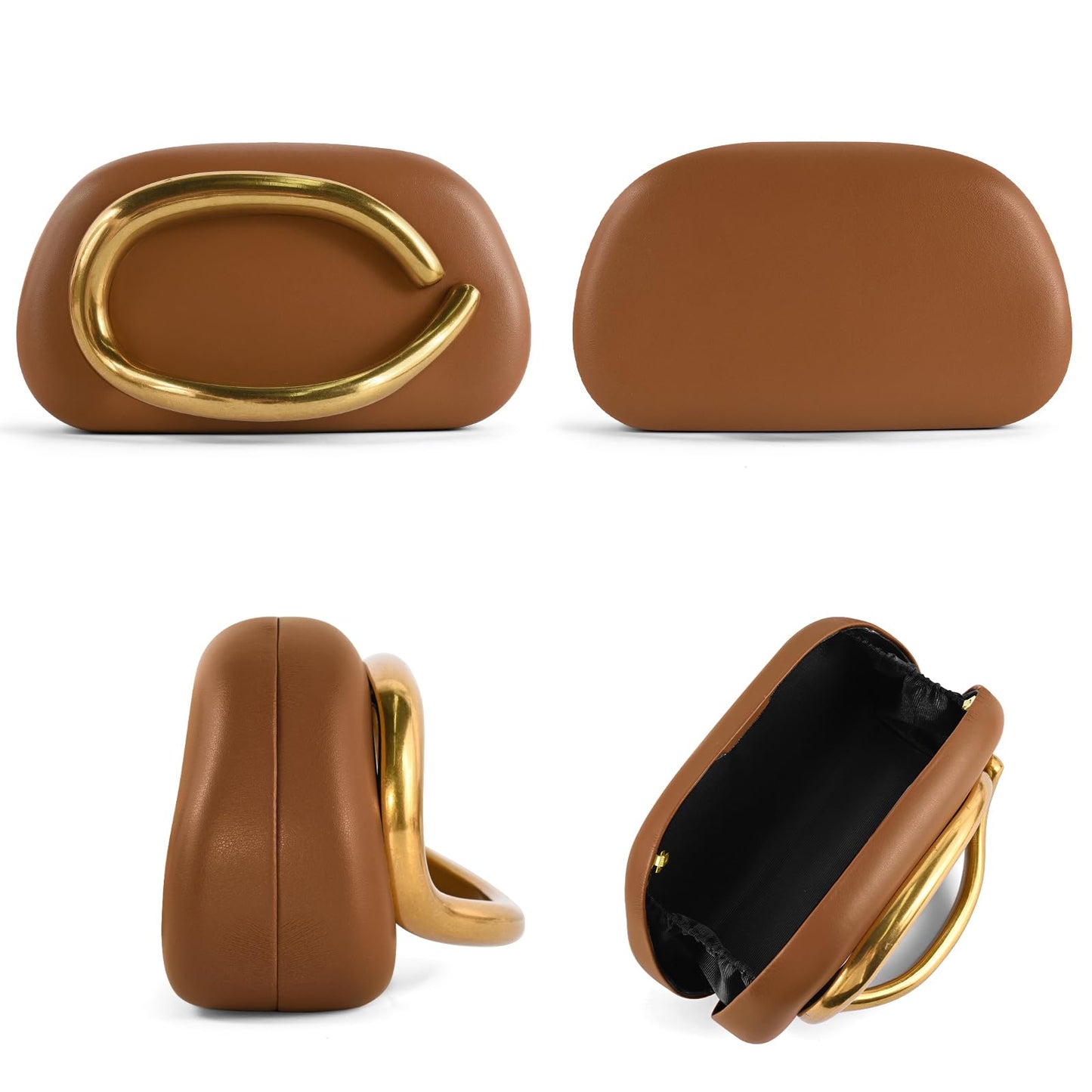 NEWROGENG Clutch Purses for Women Formal, PU Leather Evening Bags with Chain, Trendy Metal Handle Purses and Handbags 2025, Leather Caramel
