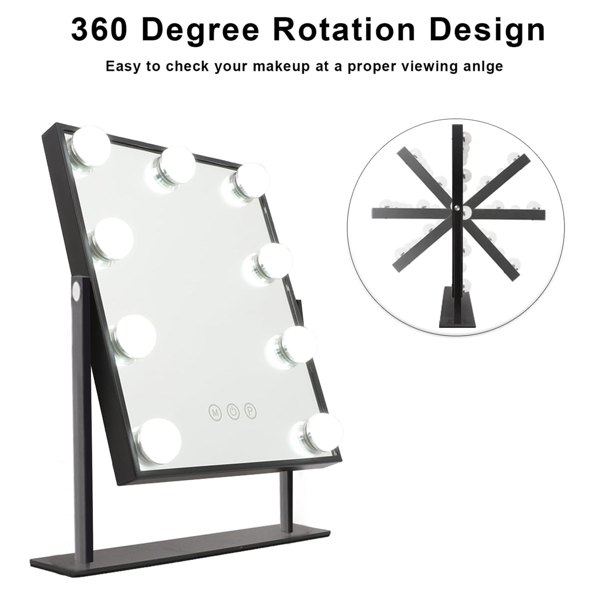 Hansong Vanity Mirror with Lights Lighted Makeup Mirror with 9 LED Bulbs Plug in Light Up Makeup Mirror with Lights 360 Rotation with 10x Magnifying Mirror Tabletop