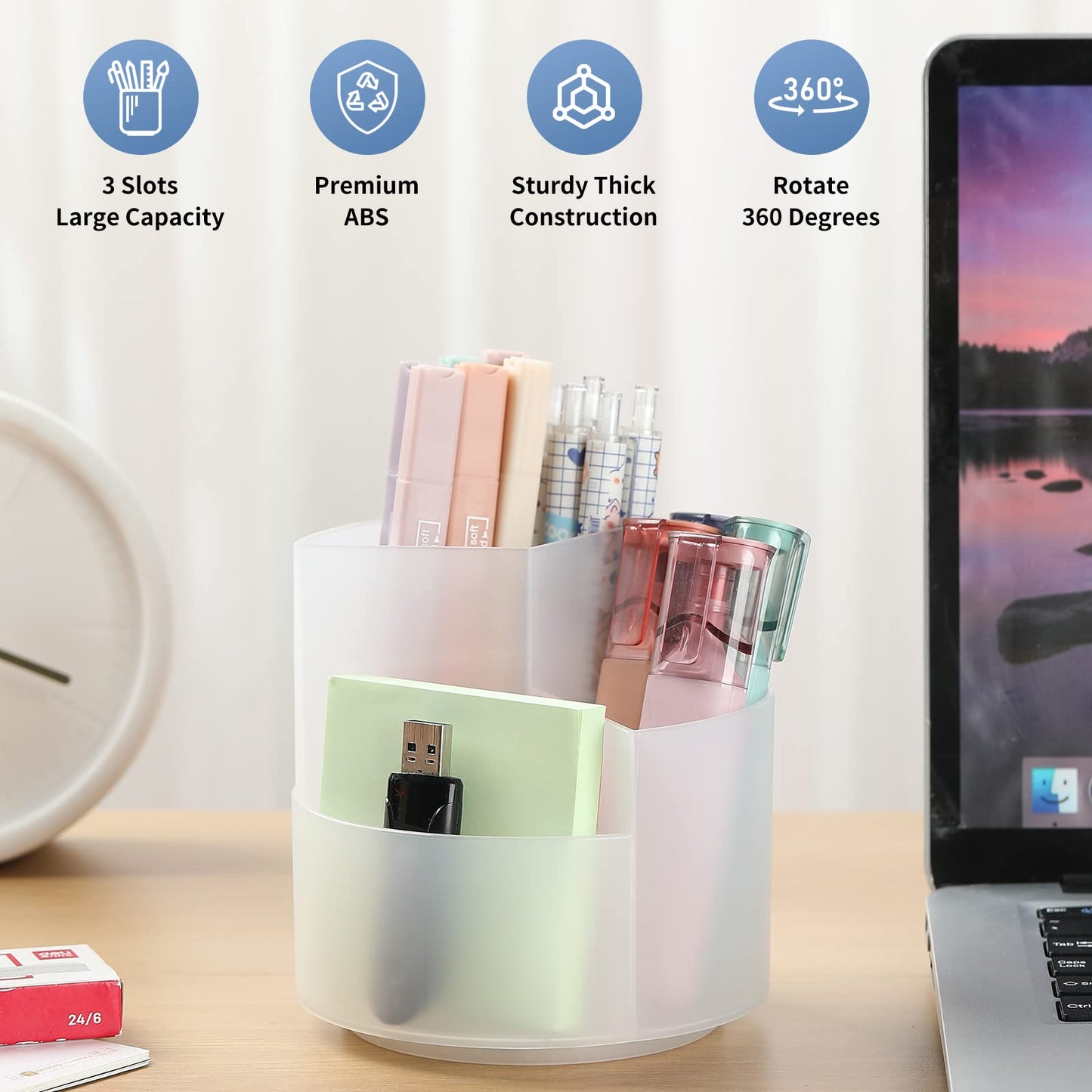 EDENMS Desk Pencil Pen Holder, 3 Slots 360-Degree Spinning Organizers, Desktop Storage Stationery Supplies, Cute Cup Pot for Office, School, Art Supply, Kids - Clear