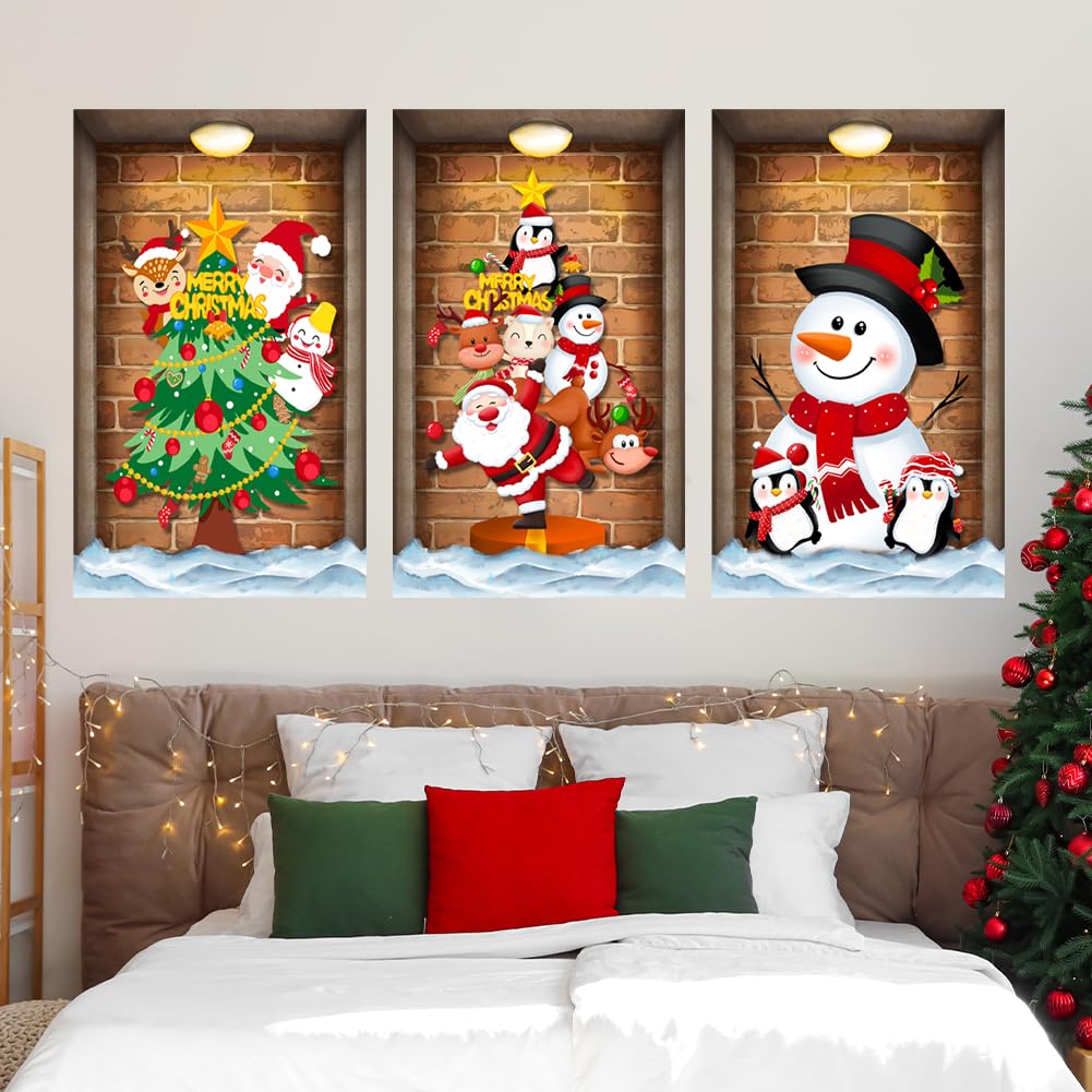 3 Pcs Christmas Wall Decals Christmas Tree Snowman Santa Claus Faux Closet Wall Stickers 3D Realistic Wall Art Mural for Xmas Holiday Festival Party Supplie
